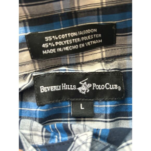Beverly Hills Polo Club Black Label Blue Plaid Button Down Shirt Size L - Picture 9 of 10